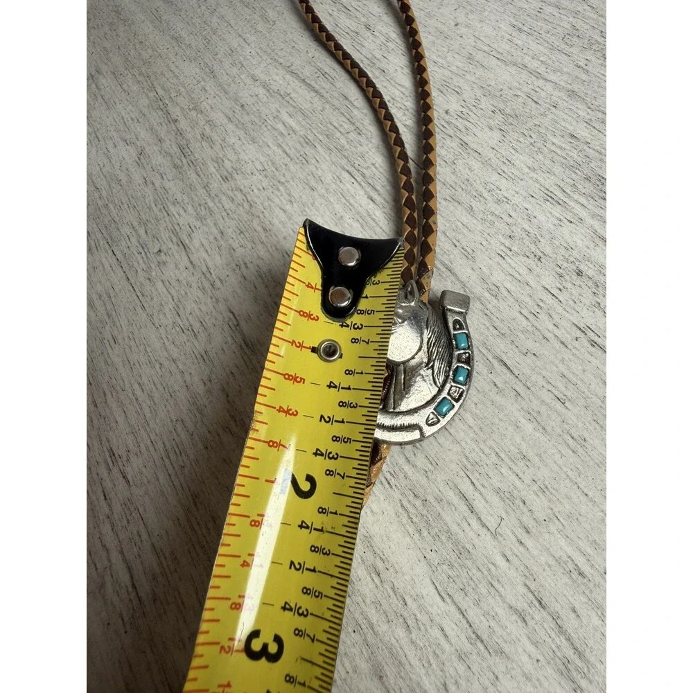 Western Horseshoe Horse Head Bolo Tie Faux Turquoise Inlay Silver Tone Slide